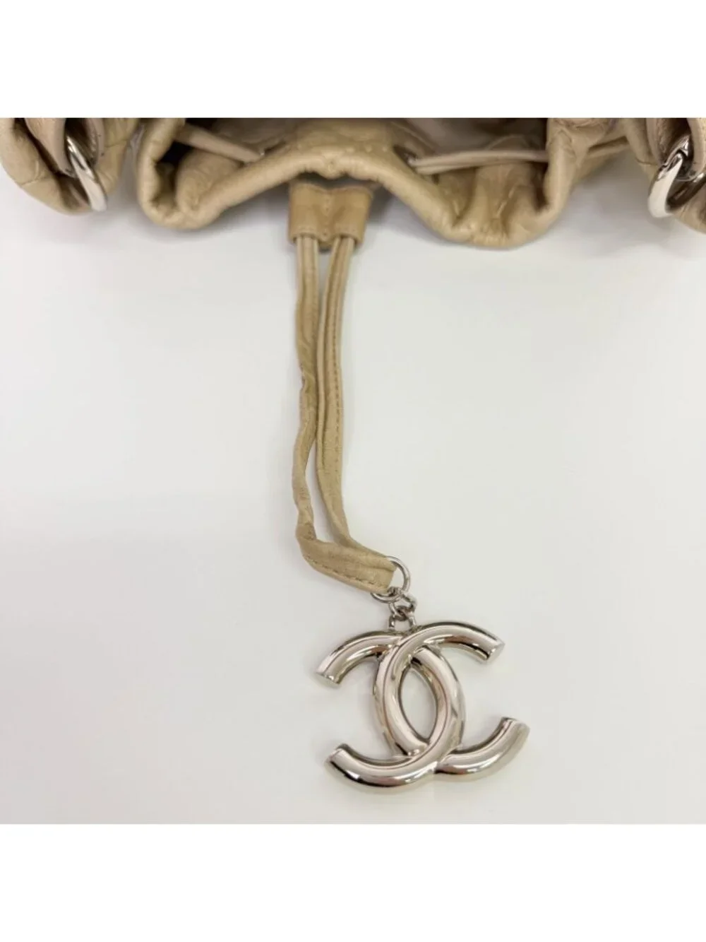Chanel on the Road Quilted Bucket Shoulder Bag Leather Beige Silver Seal Vintage
